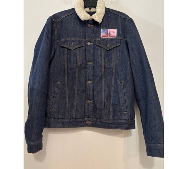 Gap Mens Fleece Lined Trucker Denim Jacket Sherpa Flag USA Size Medium - Picture 1 of 7
